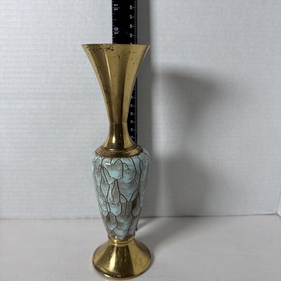 Vintage Delft Turquoise and Brass Mottled Hand Painted Vase - Picture 6 of 9